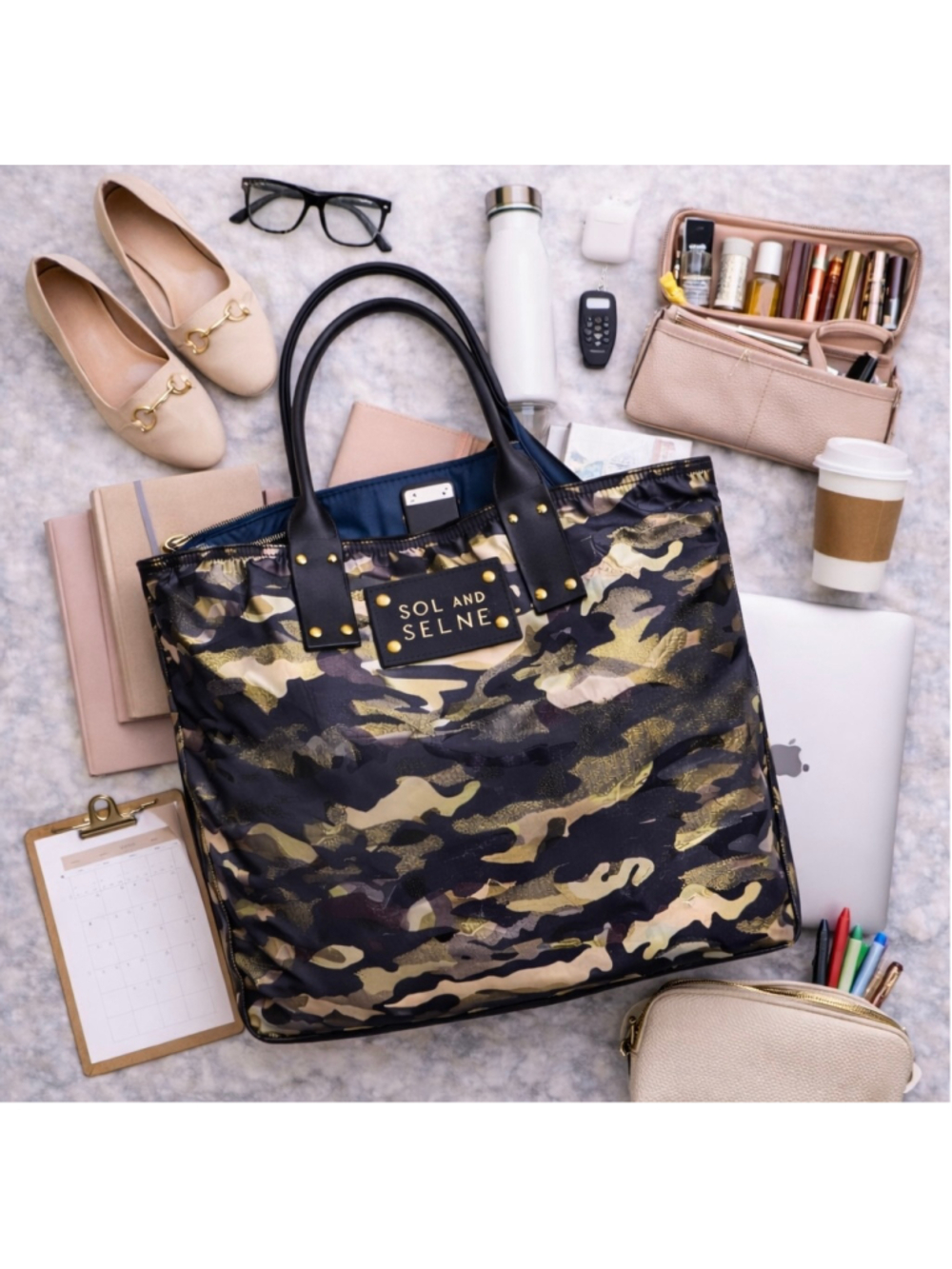 NEW Sol And Selene It Girl Camo Tote Reversible Metallic Black Gold Green NWOT - Picture 2 of 16
